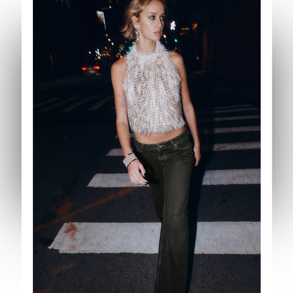 Zara Feathery Halter Crop Top in White and Brown - Picture 8 of 10